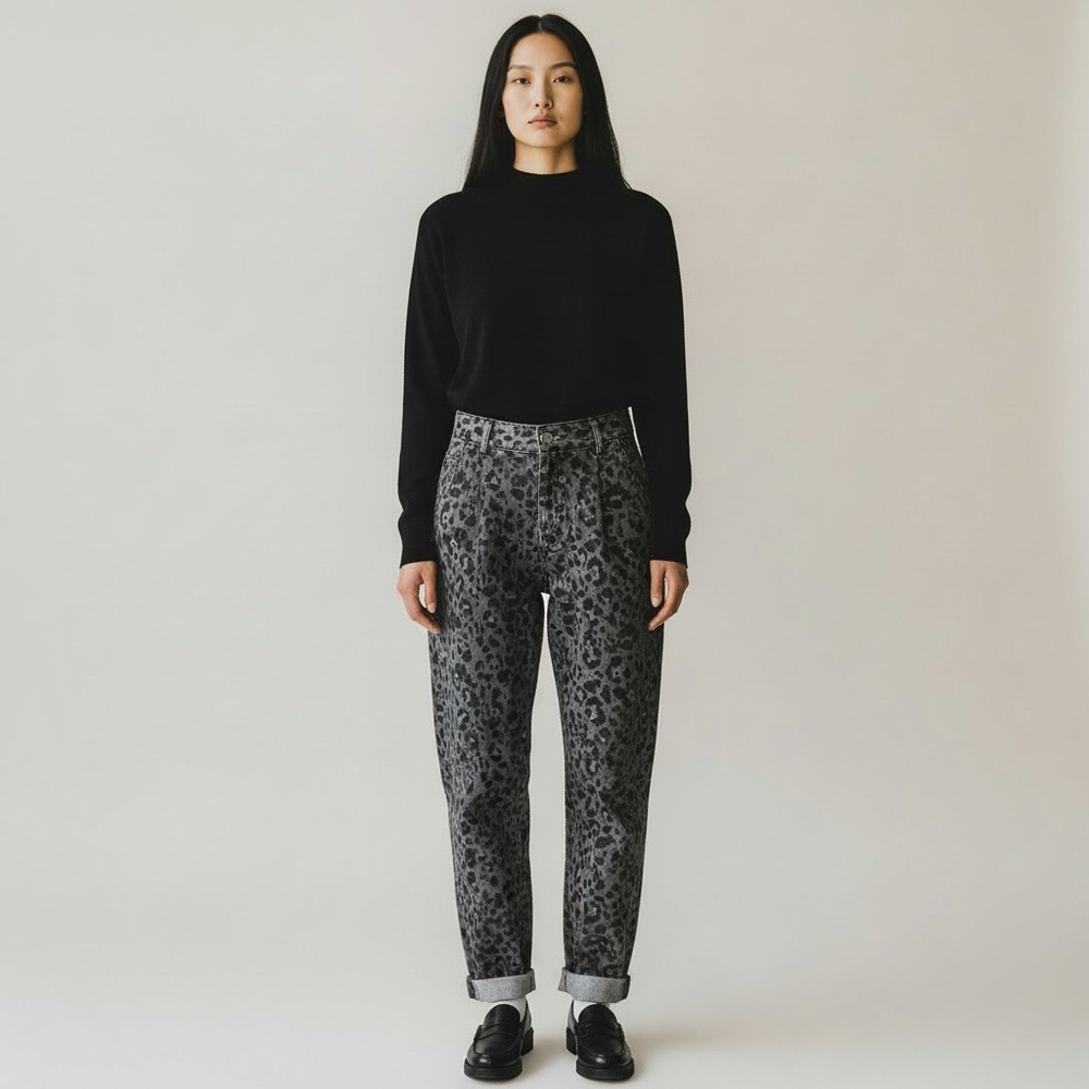 Sézane | Timéo Denim Straight High Trousers in Grey Leopard Print Size 34/2